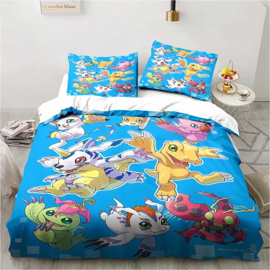 New Cartoon Digimon Printed Bedding Set Kid s Bedroom Duvet Cover Pillow Case Single Bed Double 14 - Digimon Merch