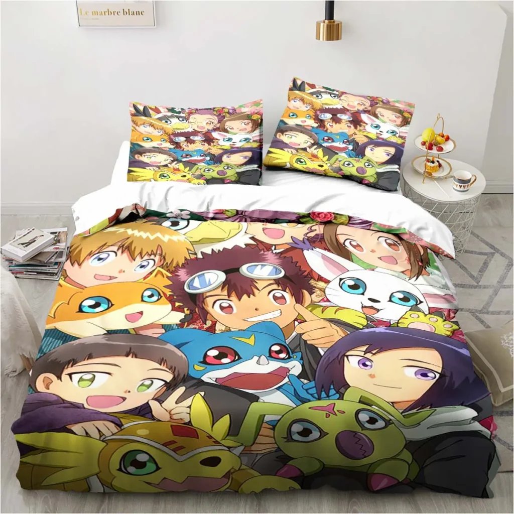 New Cartoon Digimon Printed Bedding Set Kid s Bedroom Duvet Cover Pillow Case Single Bed Double 3 - Digimon Merch